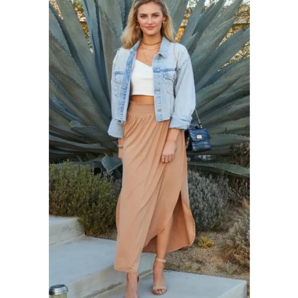 SOLD OUT Camel Smocked Waist Side Slit Pocket Maxi Skirt - Picture 2 of 6